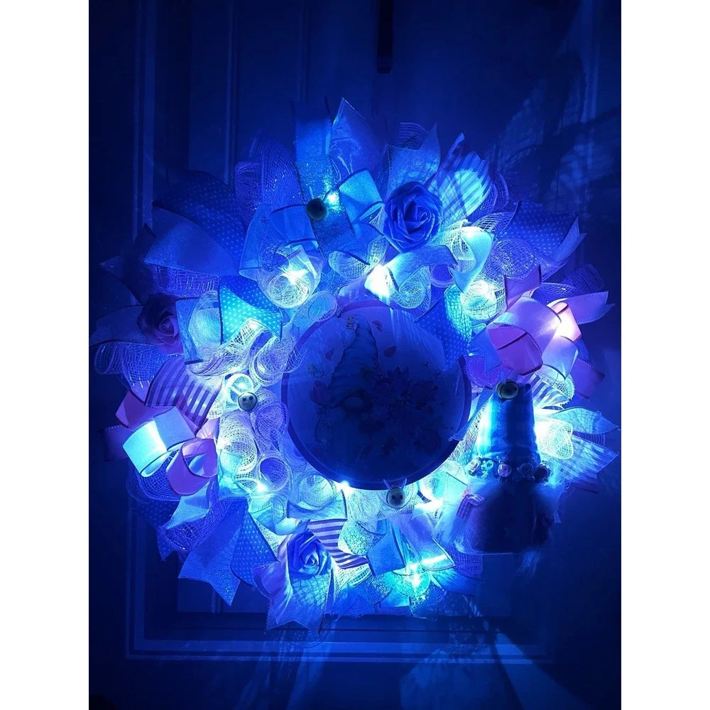 Handmade Spring Floral Bee Gnome Prelit Ribbon Wreath 22 in LED W1